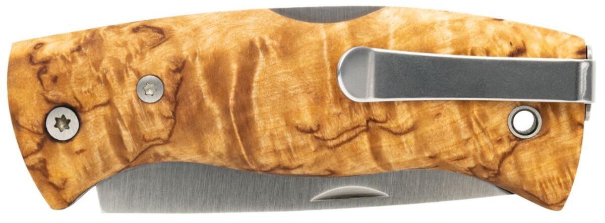 Helle Nipa Lockback Folding Knife – 12C27 Scandi Blade, Curly Birch, Pocket Clip