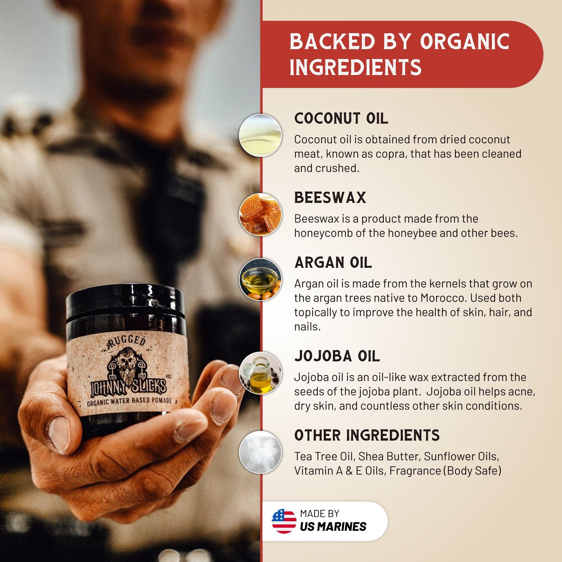 Hand holding a jar of Bugged Outponics product with ingredient information on a blurred background