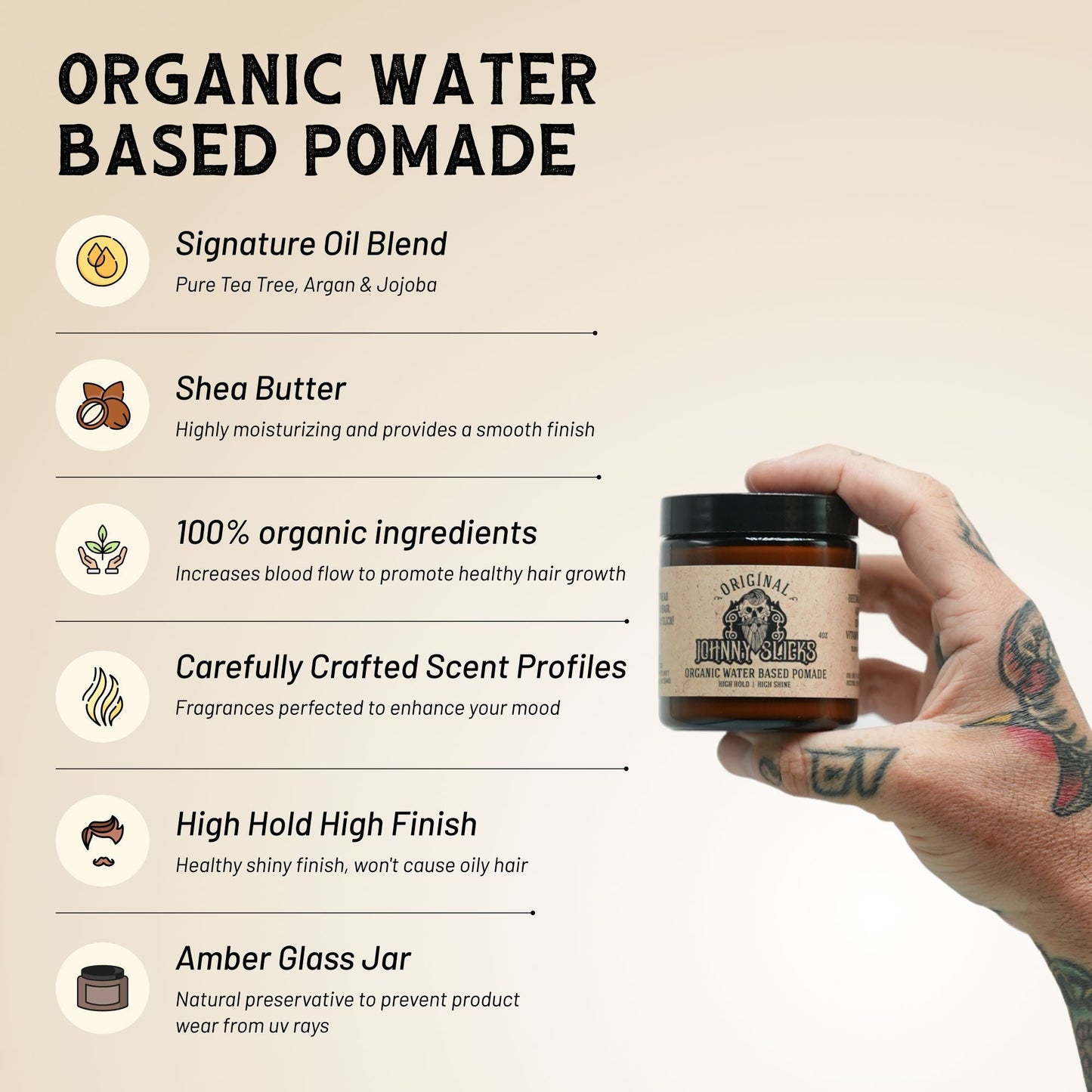 Hand holding a jar of organic water-based pomade with product features listed on a beige background.