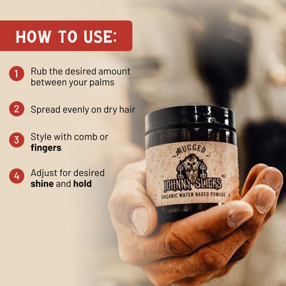 Hand holding a jar of Johnny Slicks pomade with usage instructions.