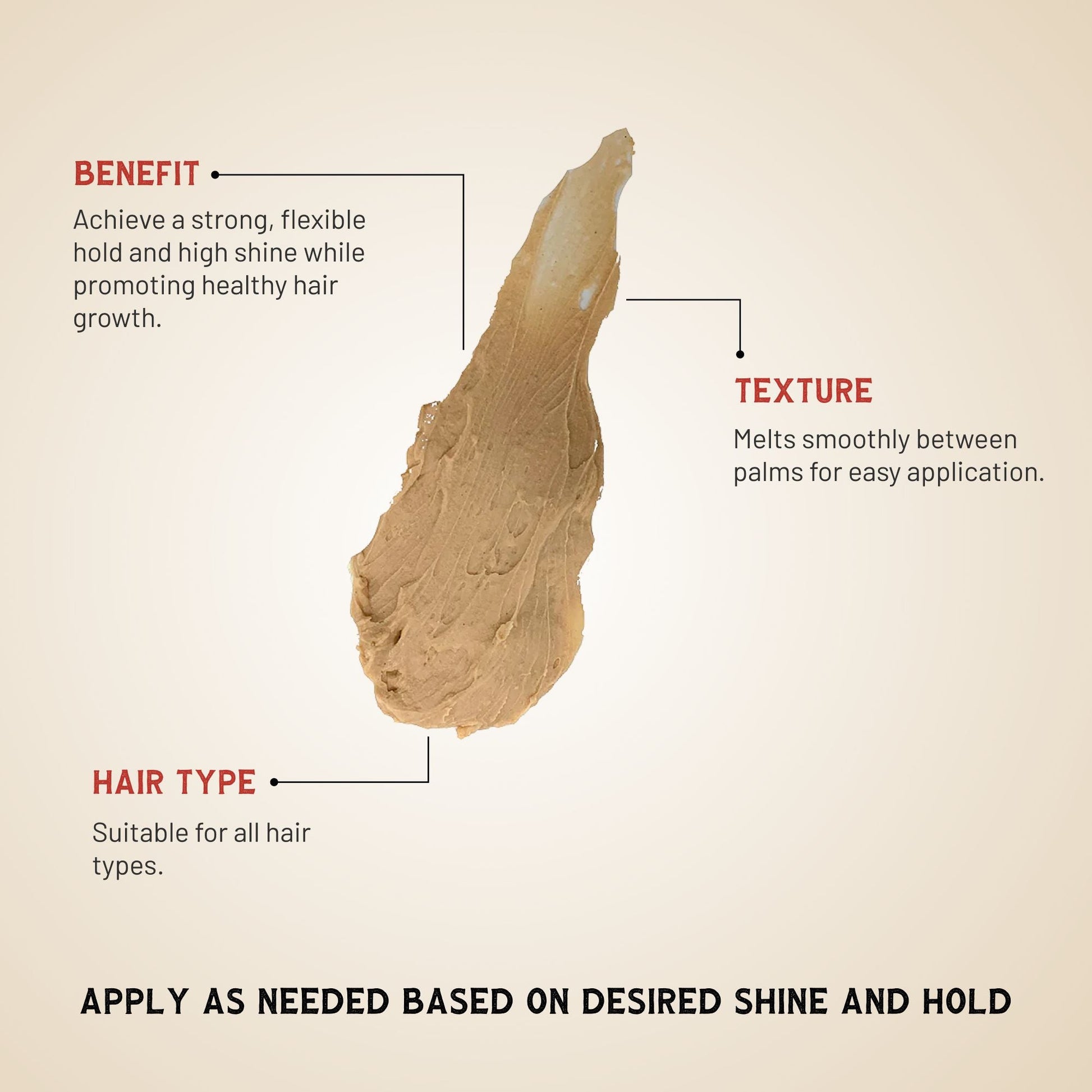 Textured hair product with benefits, texture description, and application instructions on a beige background.