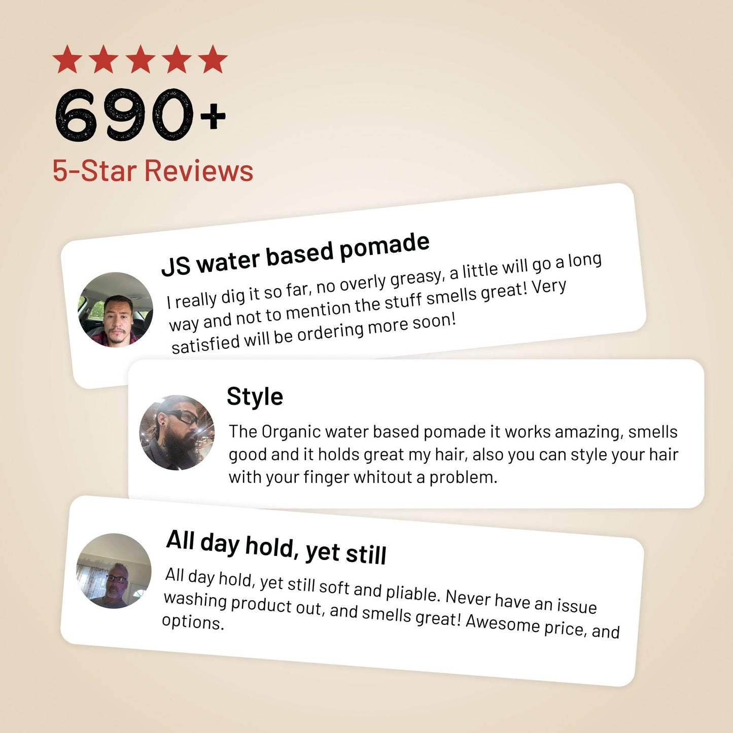 Reviews of a water-based pomade with positive feedback on a beige background