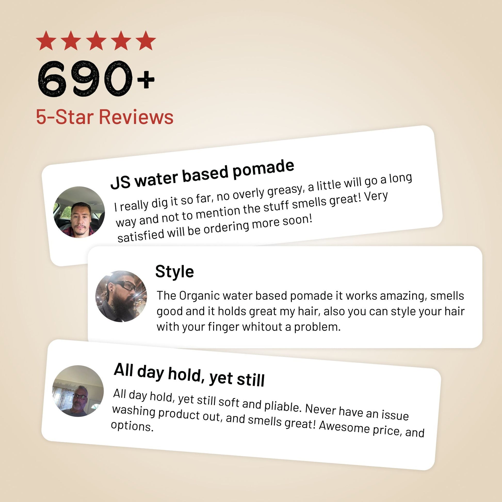 Reviews of a water-based pomade with positive feedback on a beige background
