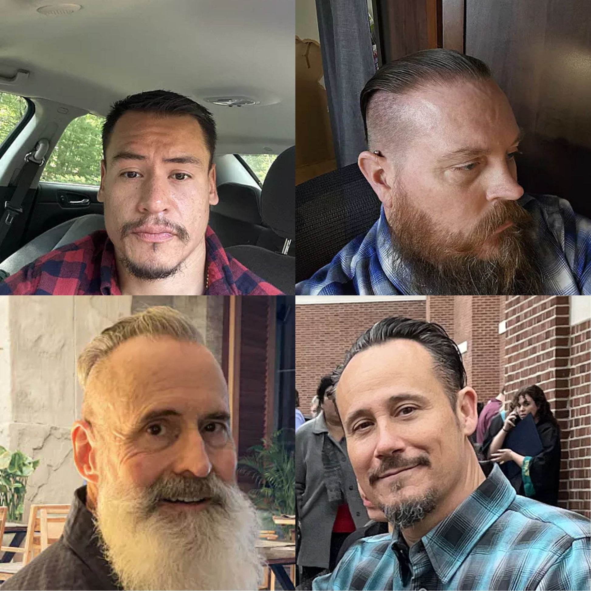 Collage of four men with different hairstyles and clothing in various settings.