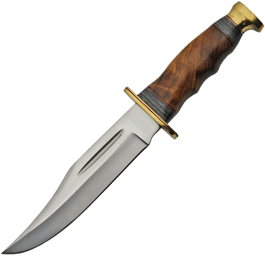 Bowie knife with walnut finger-grip handle, brass guard and leather sheath