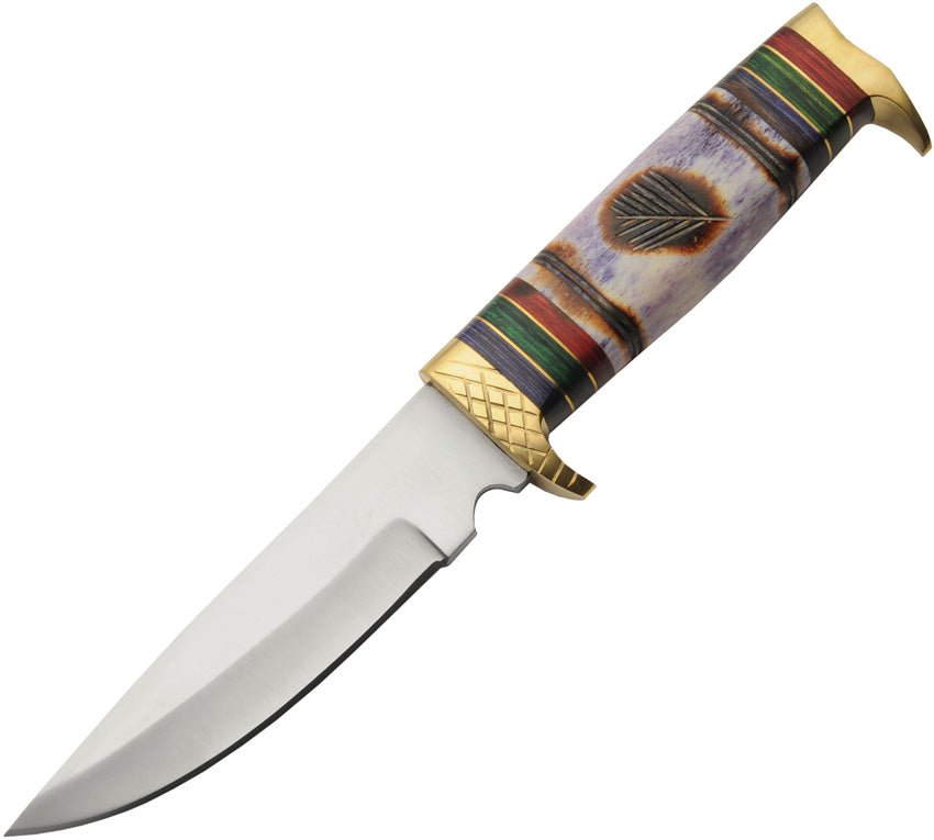 Wind Painter hunting knife with stained bone handle, colored spacers and brass guard