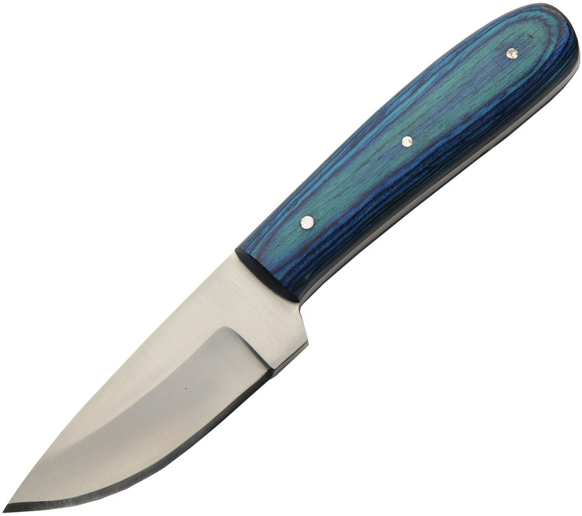 Umbra Forest skinner knife with blue wood handle and brown leather sheath