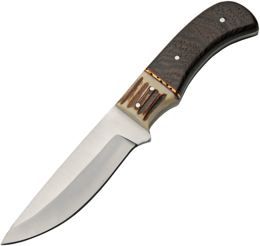 Fixed blade hunting knife with brown wood and stag bone handle and leather sheath