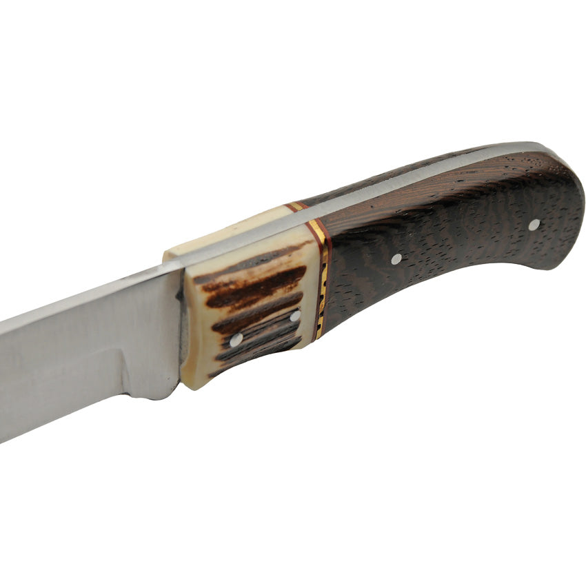 Fixed blade hunting knife with brown wood and stag bone handle and leather sheath – photo 3 of 4