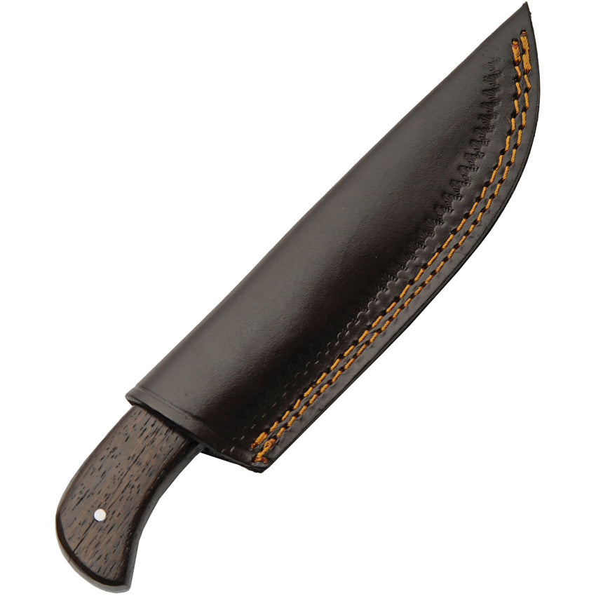 Fixed blade hunting knife with brown wood and stag bone handle and leather sheath – photo 4 of 4