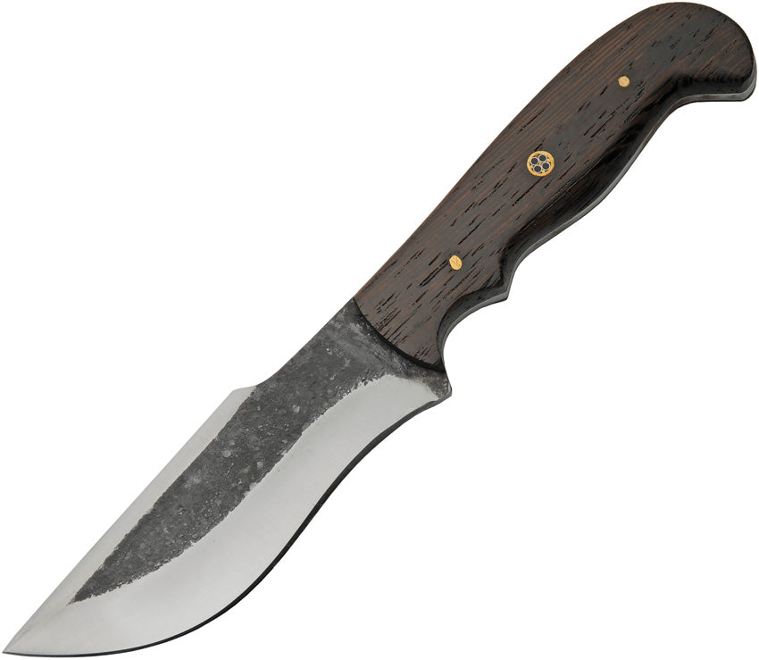 Iron Wrought fixed blade knife with dark brown wood handle and leather belt sheath