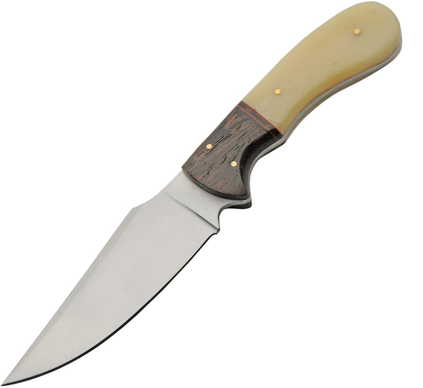 Camel bone and wood handle fixed blade hunting knife with clip point blade and leather sheath