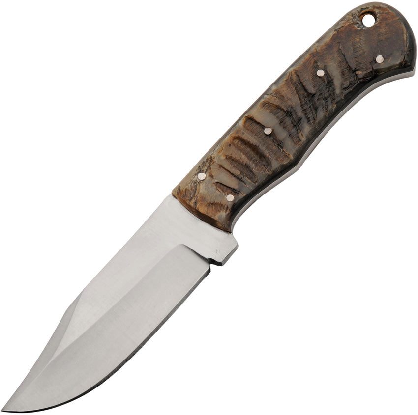 Ram's horn fixed blade hunting knife with satin clip point blade and leather sheath