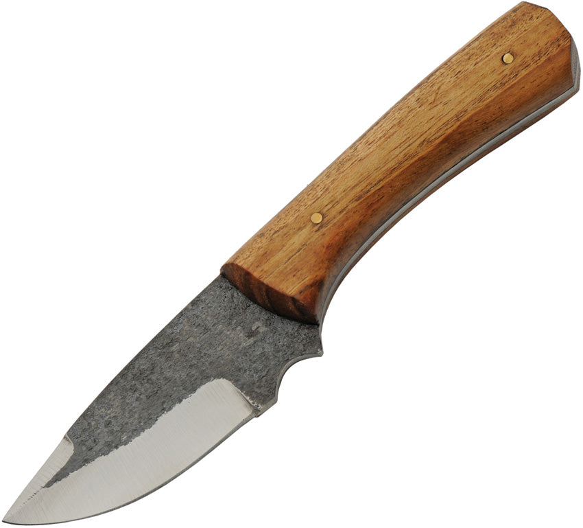 Pitchwood skinner knife with forged carbon steel blade and brown wood handle