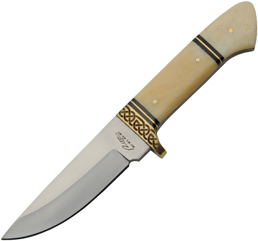 Celtic fixed blade knife with white bone handle and brass Celtic knot guard