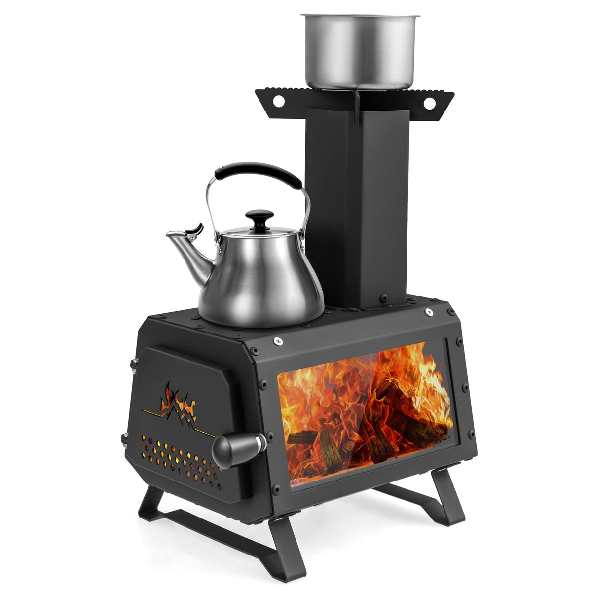 A black portable camping wood-burning stove with a glass front showing orange flames, topped with a stainless steel kettle and a pot on a chimney support, isolated on a white background.