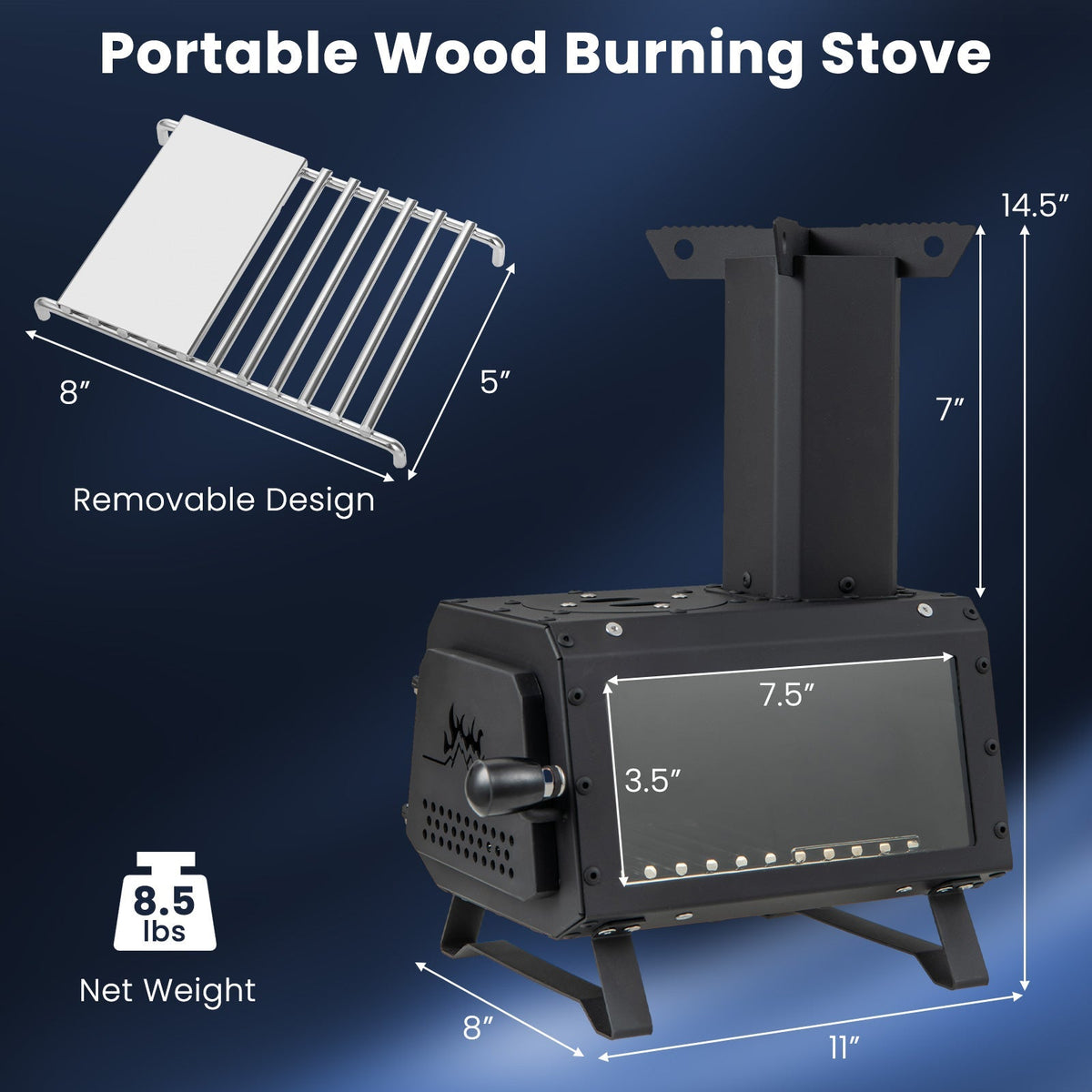 Portable wood burning stove with dimensions and weight information on a blue background