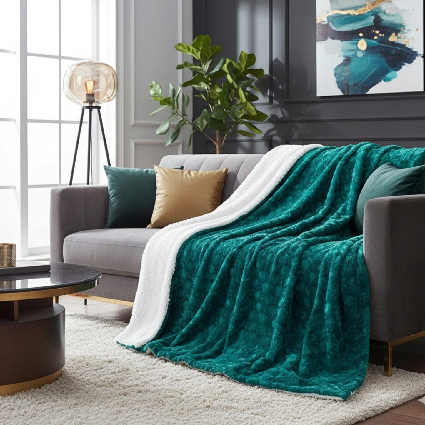 Mermaid Scales Emerald Green Blue w/ Sherpa Backside Faux Fur Throw Blanket