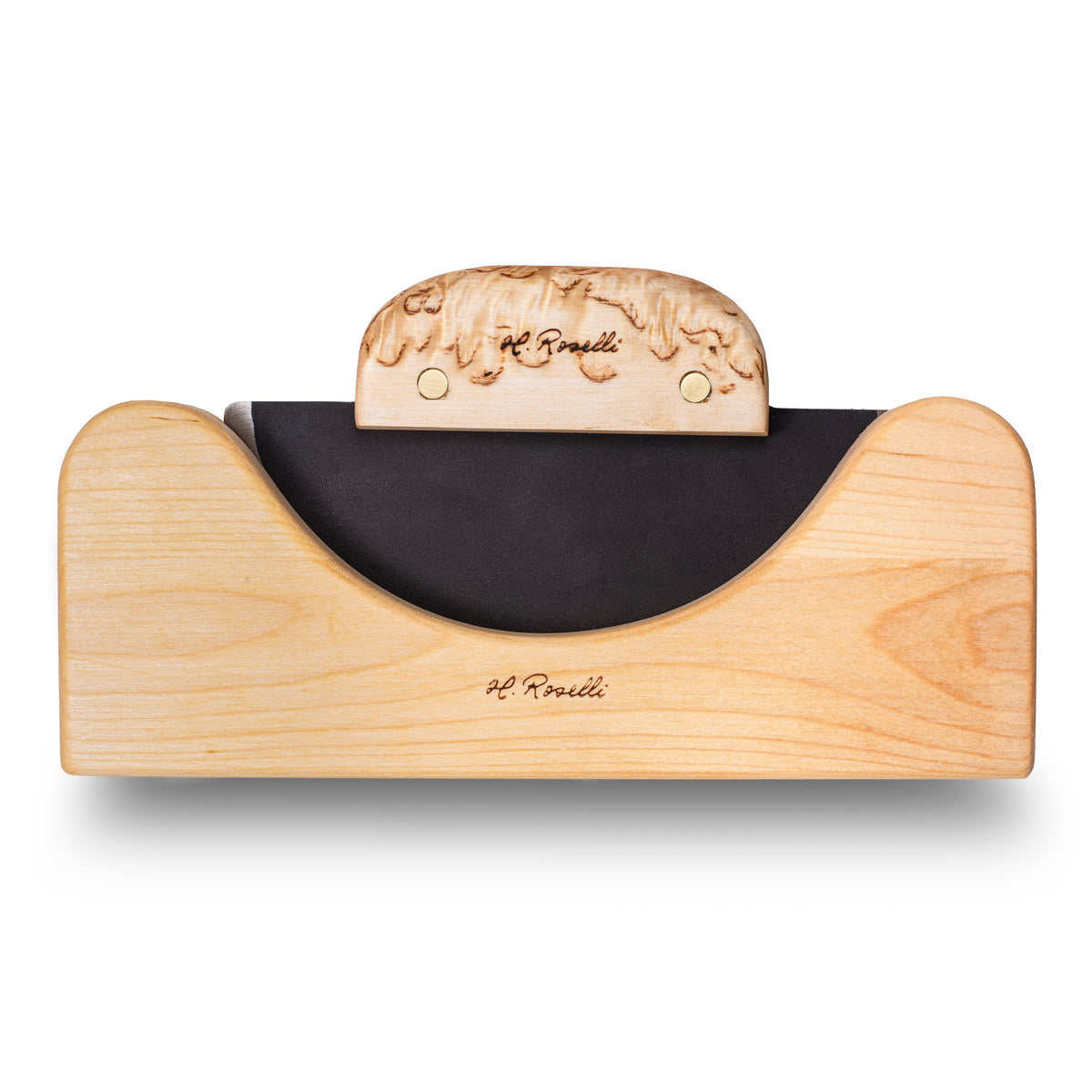 Roselli R740 Ulu Knife – Forged Carbon Steel, Curly Birch, Birch Stand