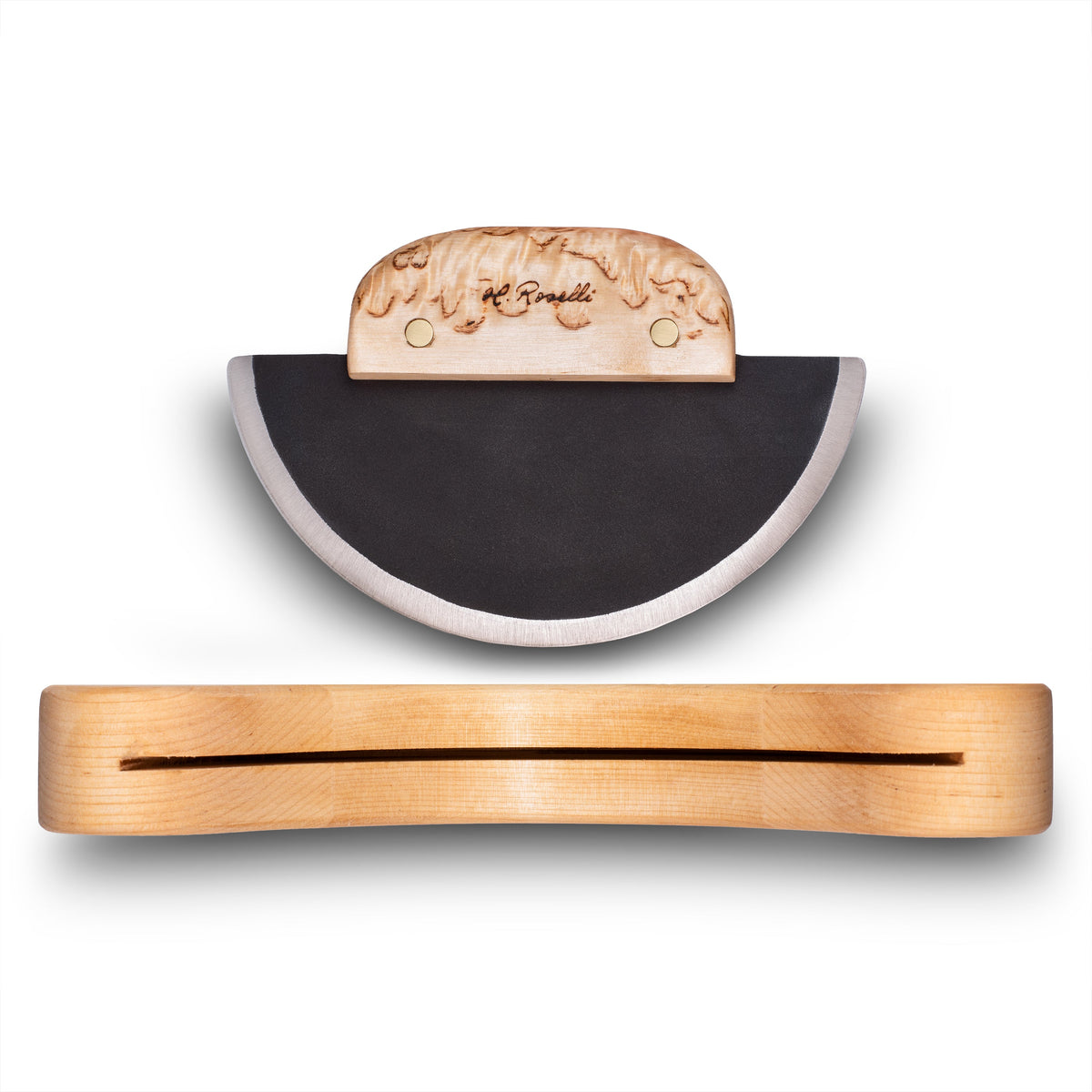 Roselli R740 Ulu Knife – Forged Carbon Steel, Curly Birch, Birch Stand