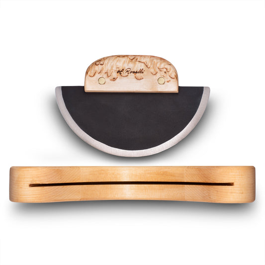 Roselli R740 Ulu Knife – Forged Carbon Steel, Curly Birch, Birch Stand