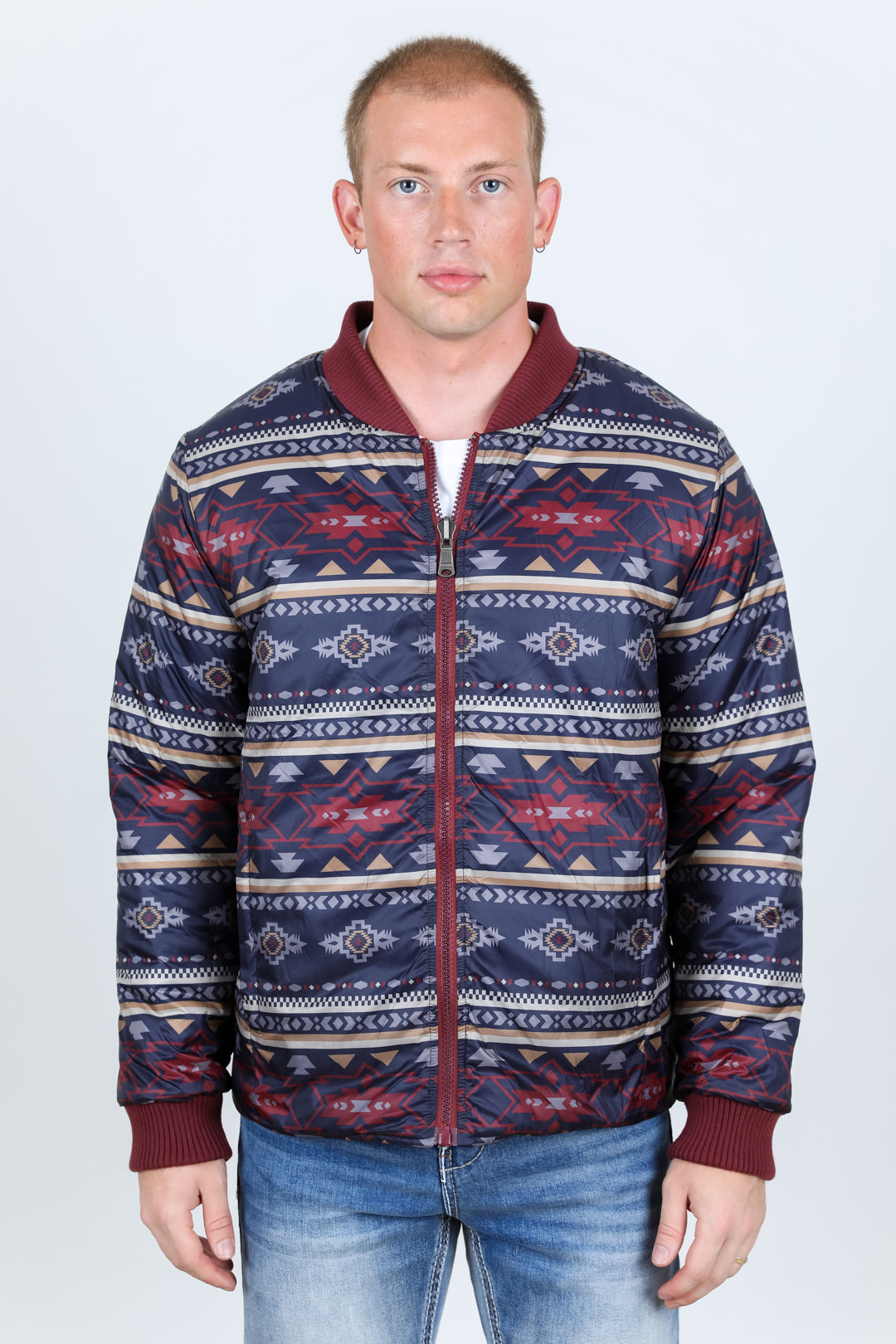 Mens Insulated Reversible Jacket - Crimson Blue Aztec Tribal Cowboy Western Wear