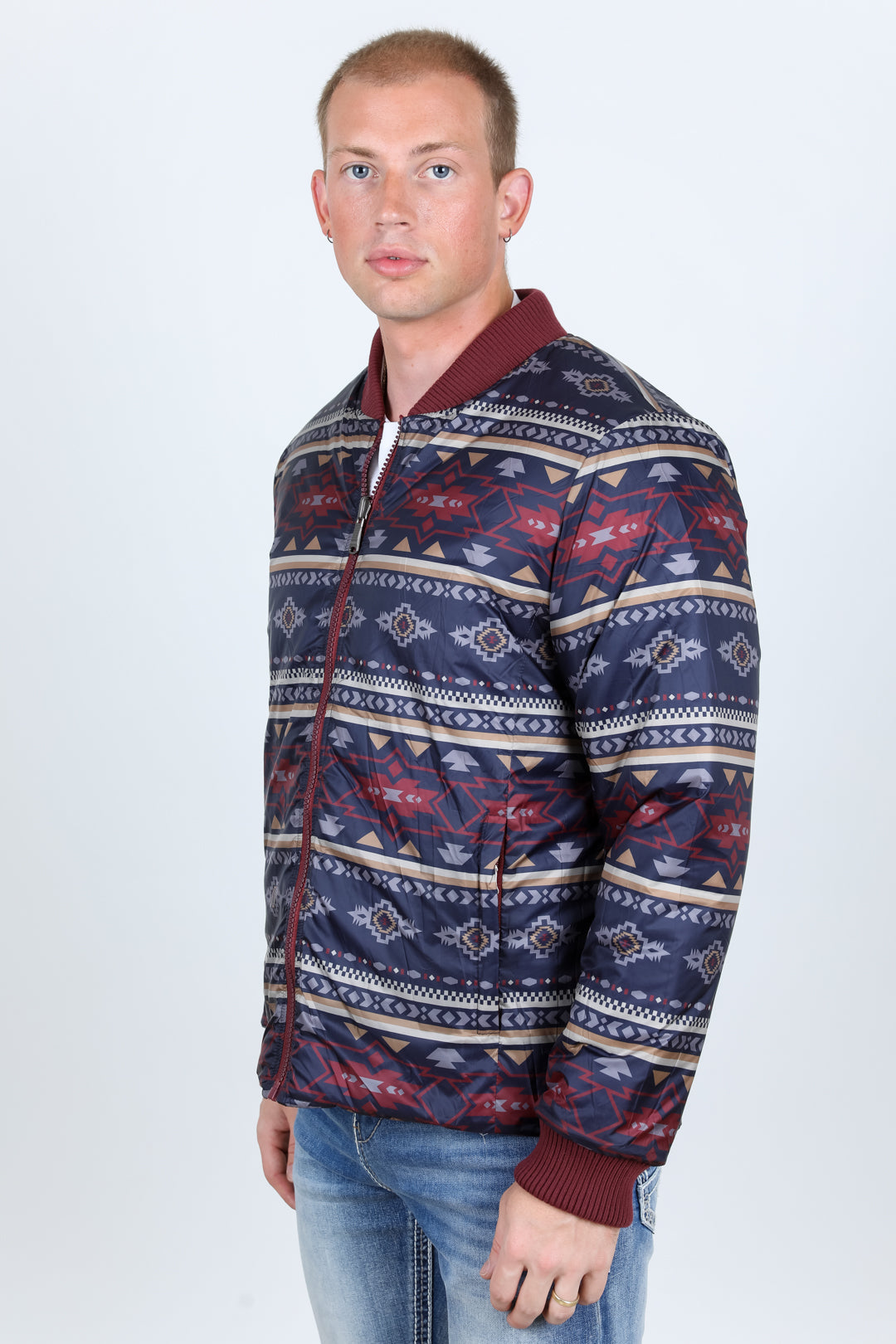 Mens Insulated Reversible Jacket - Crimson Blue Aztec Tribal Cowboy Western Wear