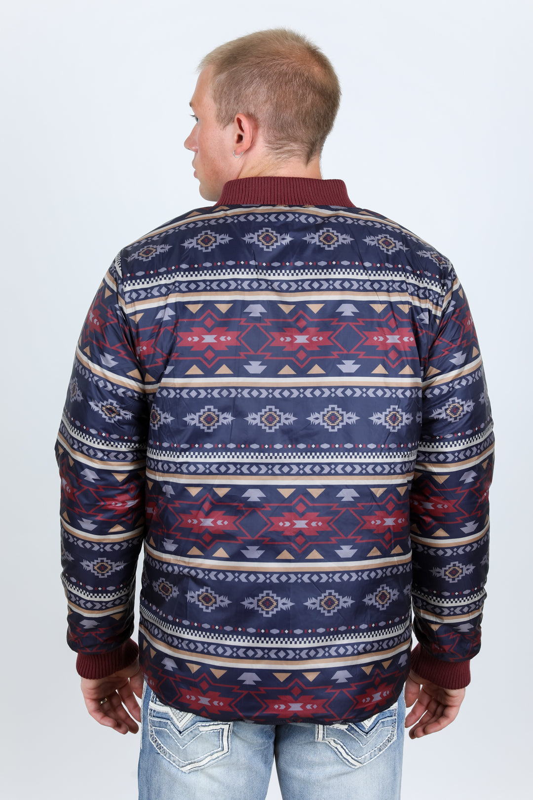 Mens Insulated Reversible Jacket - Crimson Blue Aztec Tribal Cowboy Western Wear