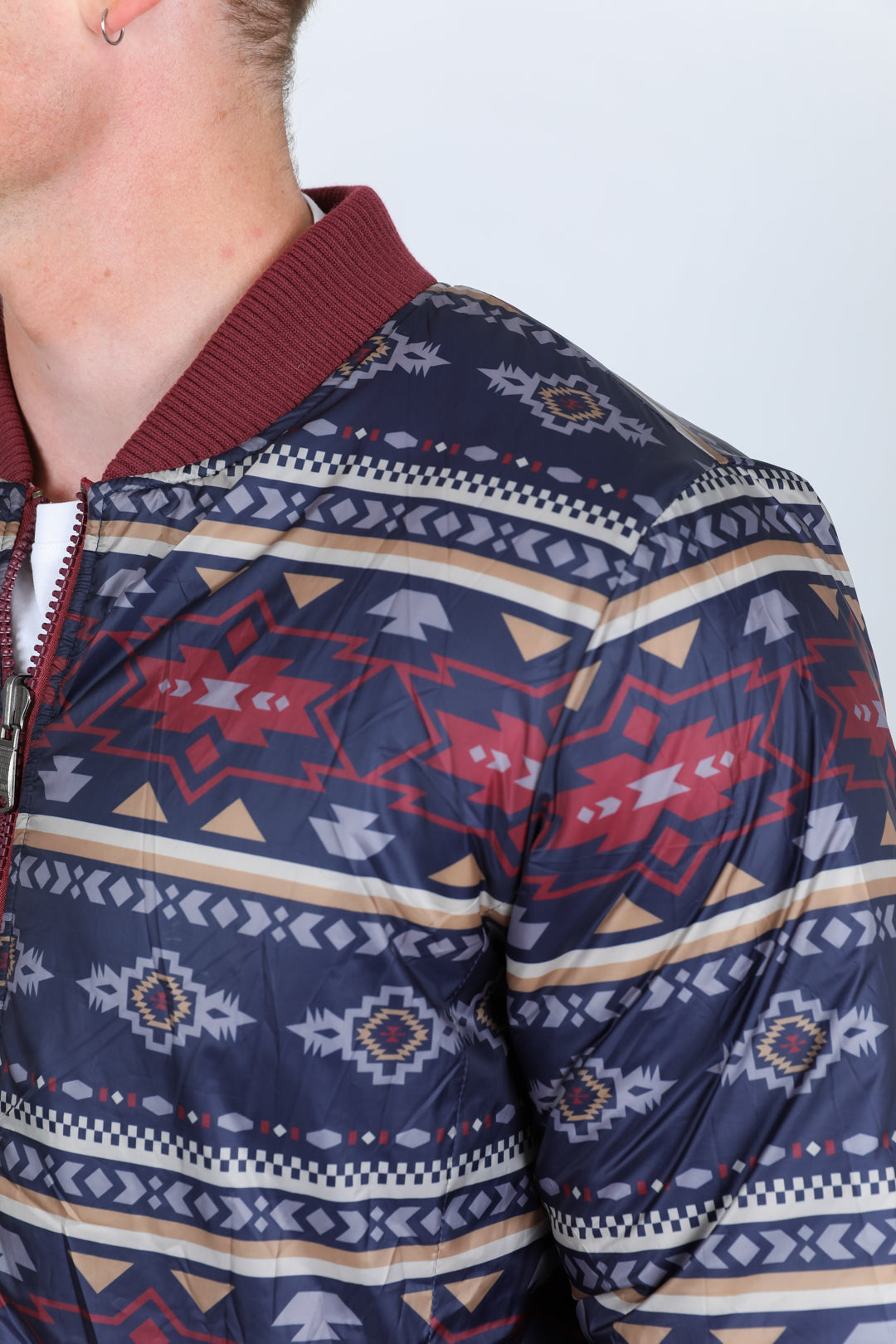 Mens Insulated Reversible Jacket - Crimson Blue Aztec Tribal Cowboy Western Wear