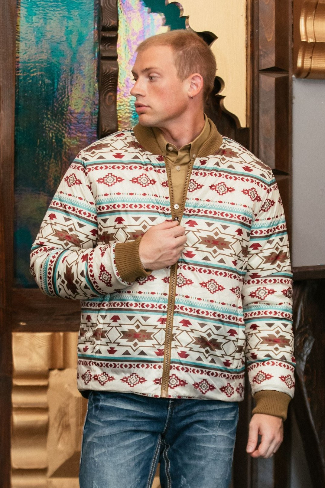 Mens Insulated Reversible Jacket - Beige Outer Cream Aztec Blue Red Inside
