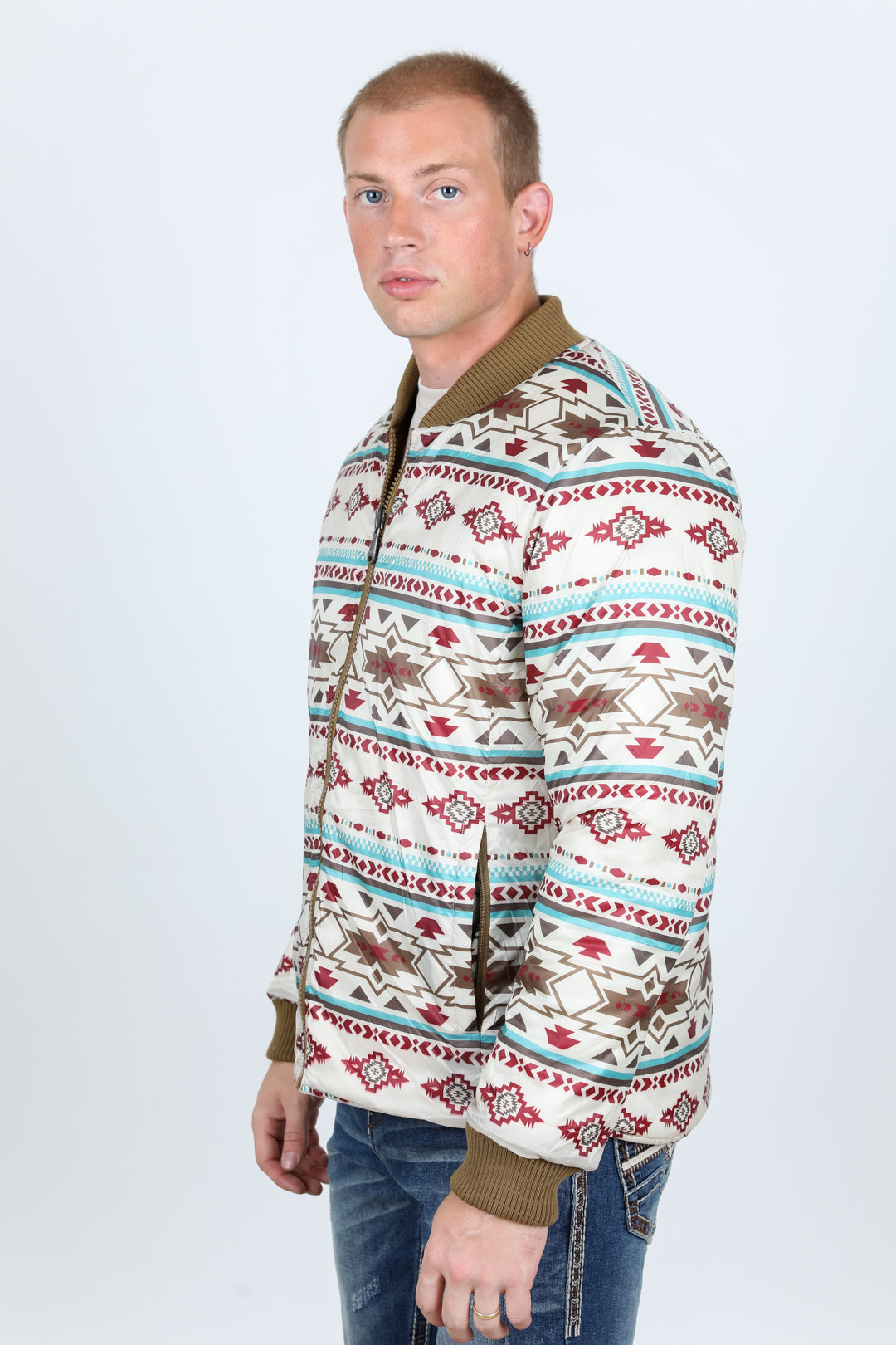 Mens Insulated Reversible Jacket - Beige Outer Cream Aztec Blue Red Inside
