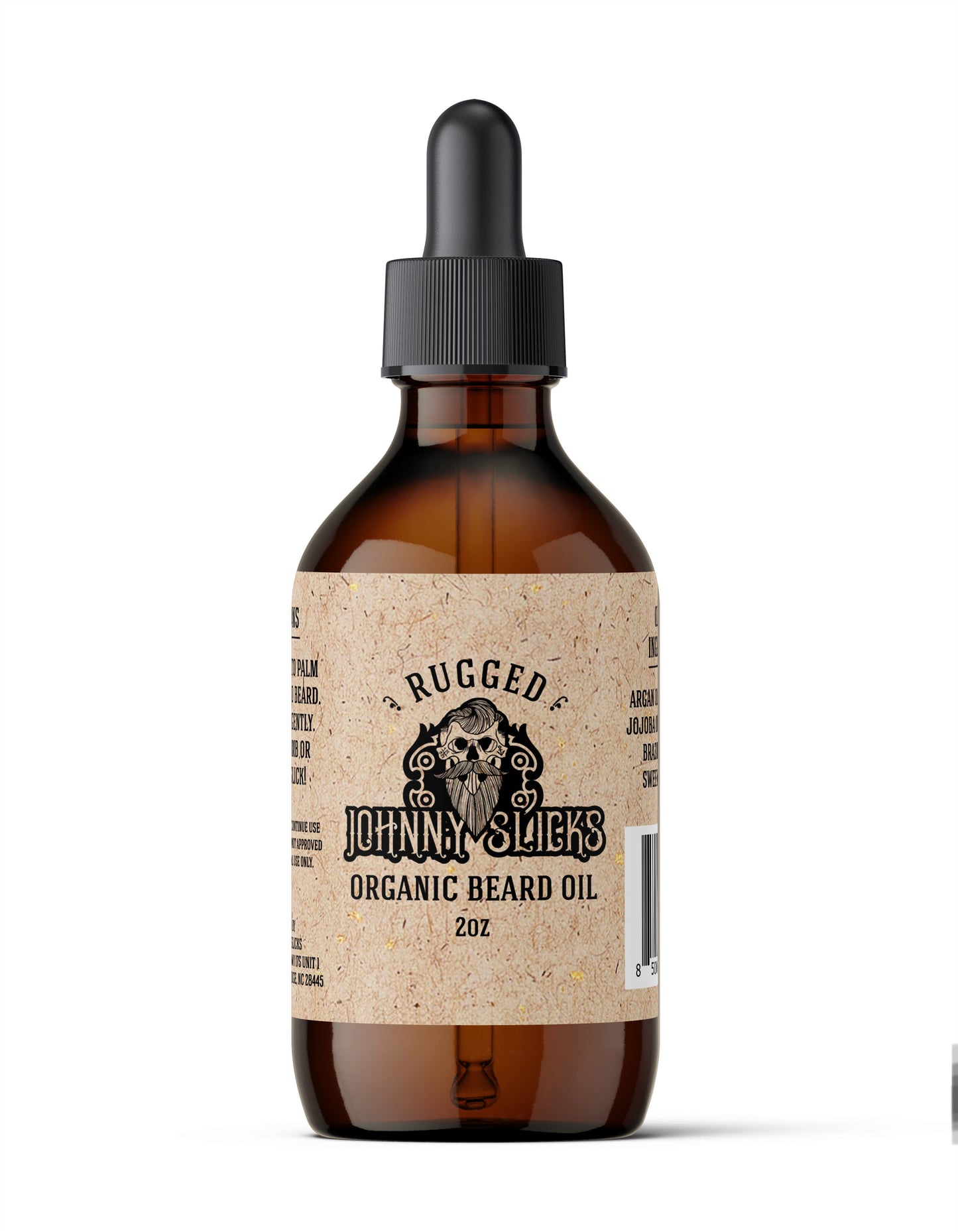 Bottle of Rugged Slick's Organic Beard Oil with a dropper on a white background. 2 oz