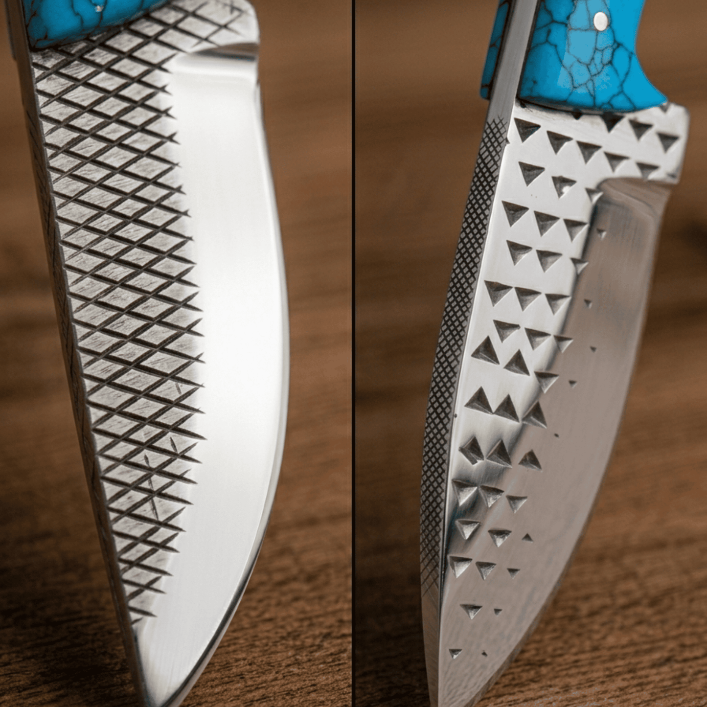 Close-up of a fixed-blade knife shown in two side-by-side views, featuring a silver patterned steel blade and a bright turquoise blue textured handle on a wooden surface.