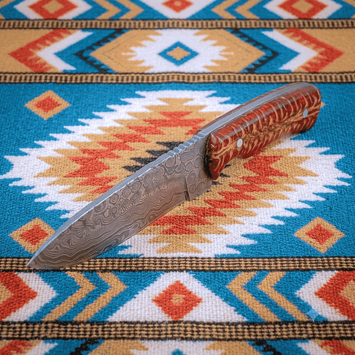 Red Mesa fixed-blade knife with a patterned Damascus steel blade and a reddish-brown pine cone handle, resting diagonally on a colorful geometric patterned rug.
