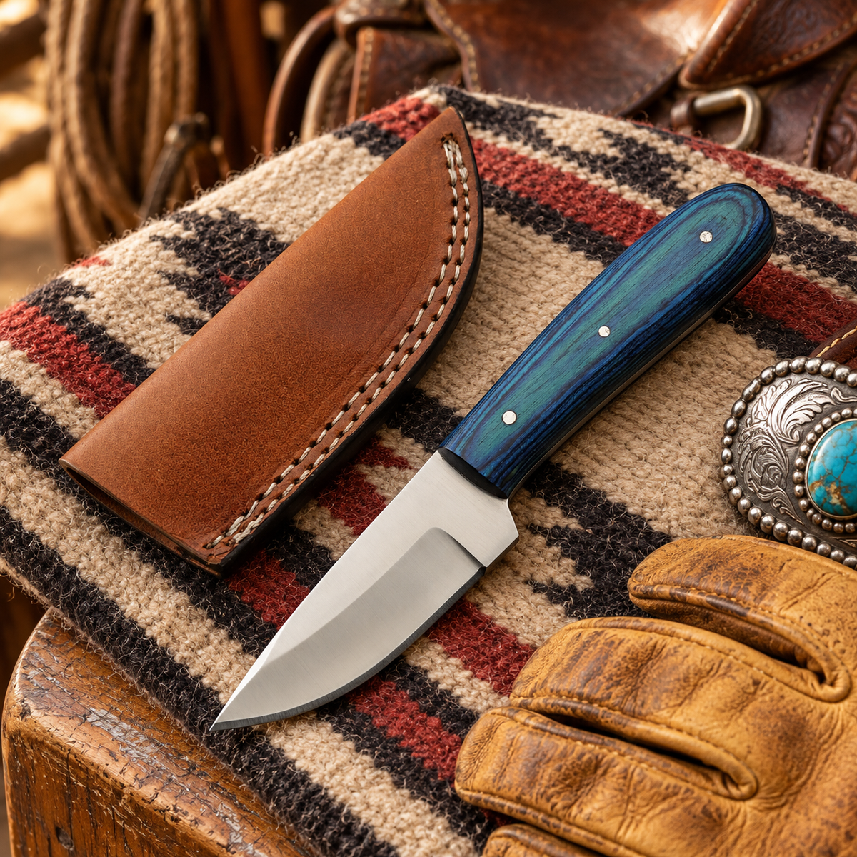 Umbra Forest Skinner Fixed Blade Knife – Blue Wood Handle, Leather Sheath
