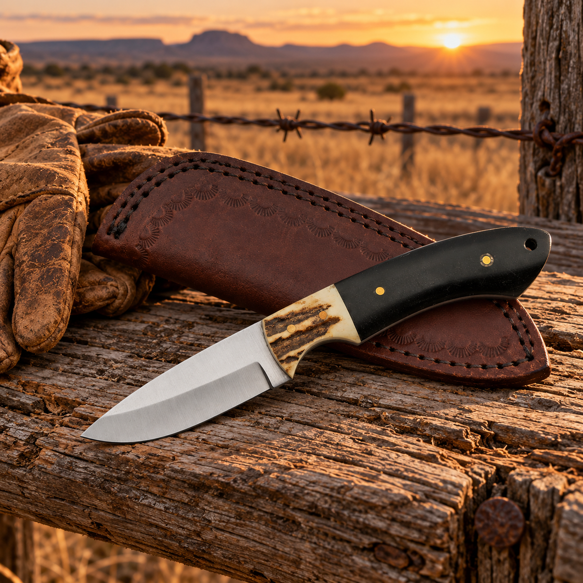 Wood & Stag Bone Fixed Blade Hunter – Satin Stainless, Leather Sheath
