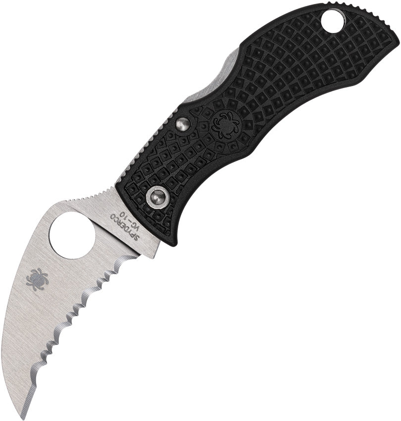 Spyderco Manbug serrated hawkbill keychain knife with black FRN handle