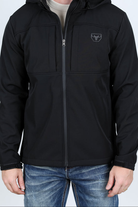 Man wearing a black jacket with a logo on a white background