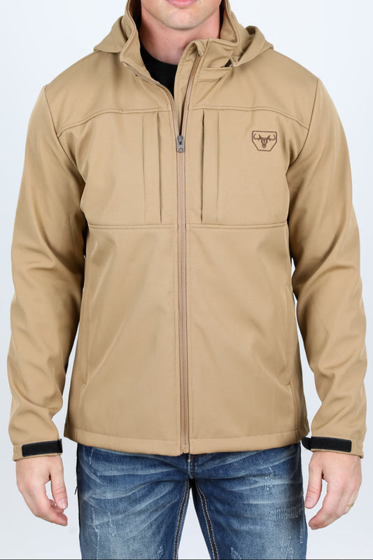 Man wearing a beige jacket with a hood on a white background