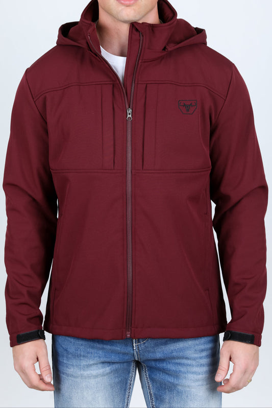 Man wearing a maroon hooded jacket on a white background