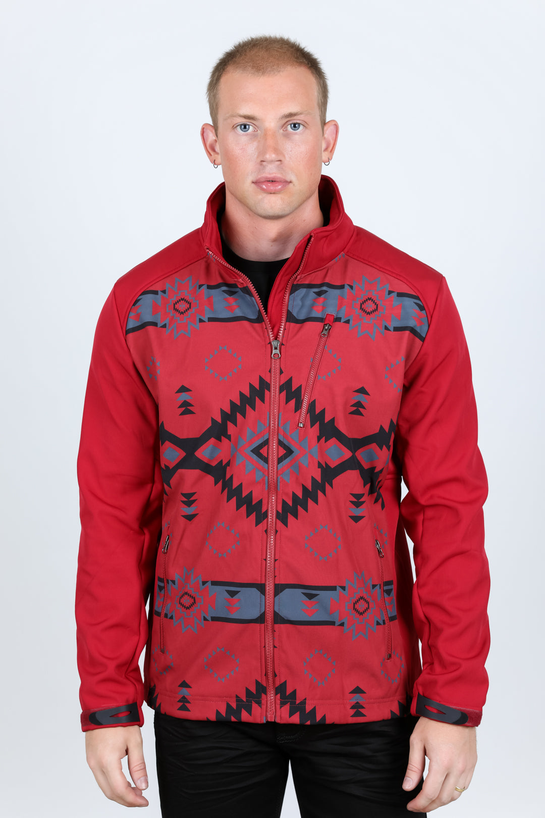 Mens Aztec Softshell Water-Resistant Jacket - Red Tribal Print Western Wear Cowboy Coat