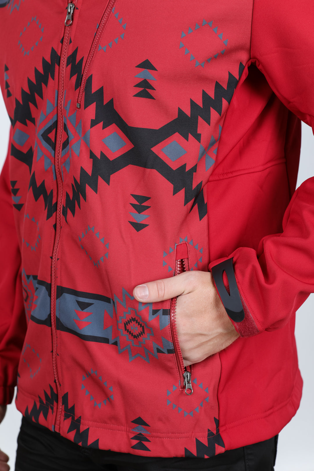 Mens Aztec Softshell Water-Resistant Jacket - Red Tribal Print Western Wear Cowboy Coat