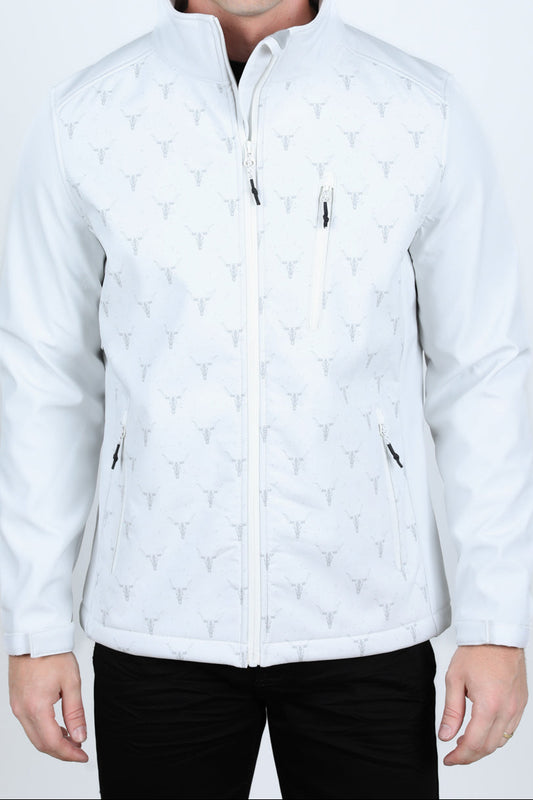 Man wearing a white quilted jacket on a plain background