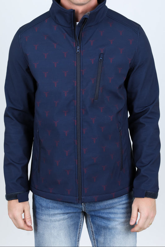 Man wearing a navy blue jacket with a subtle pattern on a white background