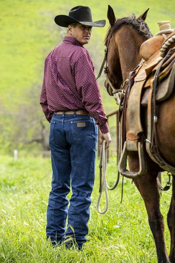 Man in cowboy hat and jeans standing next to a horse in a grassy field
