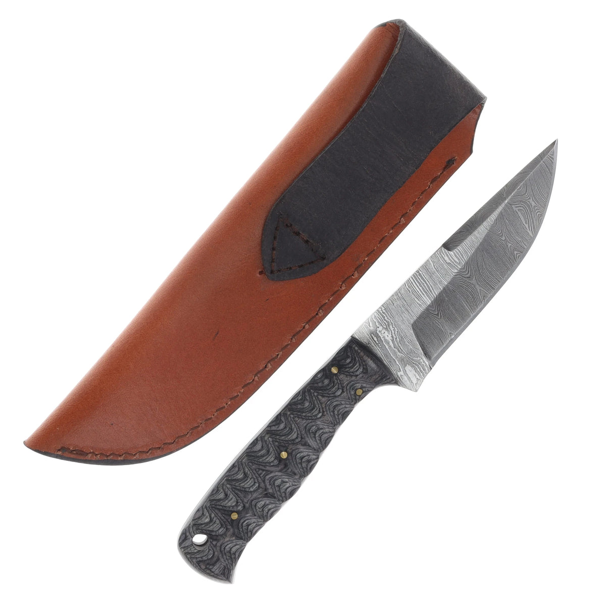 Damascus Sharktooth Fixed Blade Knife – Sculpted Horn Handle & Leather Sheath