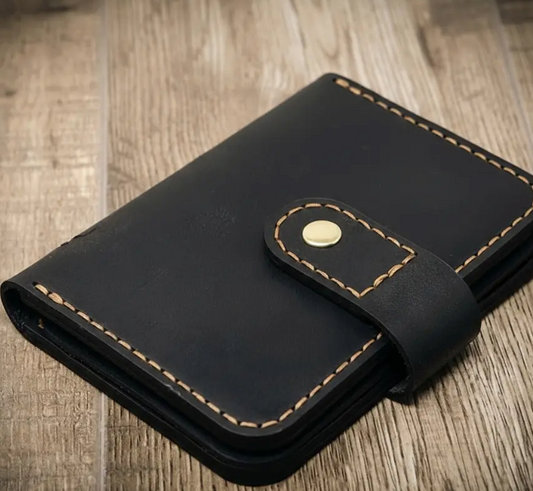 American-Made Black Leather Badge Wallet – Handmade Snap Closure ID & Badge Holder