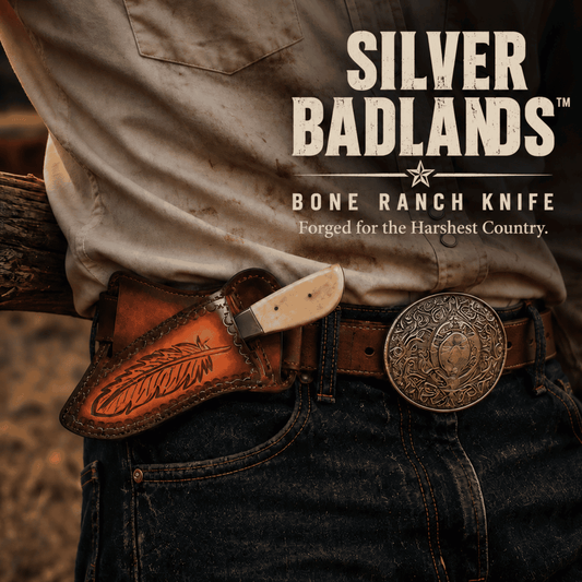 Silver Badlands handmade bone ranch knife worn in a feather-tooled leather cross draw pancake sheath on a cowboy belt during ranch work.