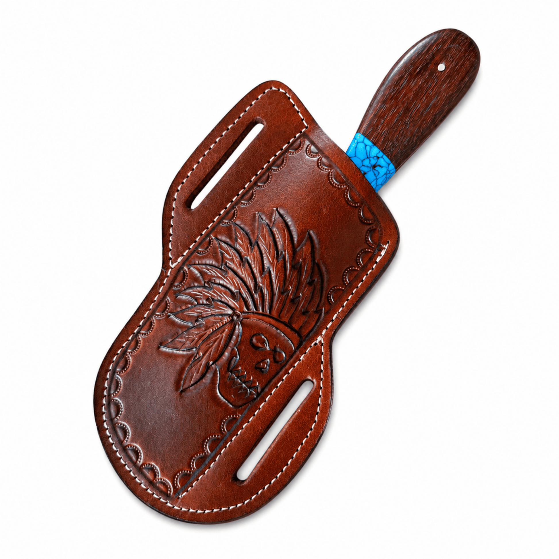 A brown leather knife sheath with an embossed Native American headdress design, featuring a dark wood handle with a blue braided wrap, shown on a plain white background.