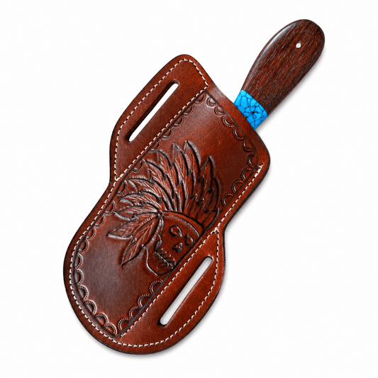 A brown leather knife sheath with an embossed Native American headdress design, featuring a dark wood handle with a blue braided wrap, shown on a plain white background.